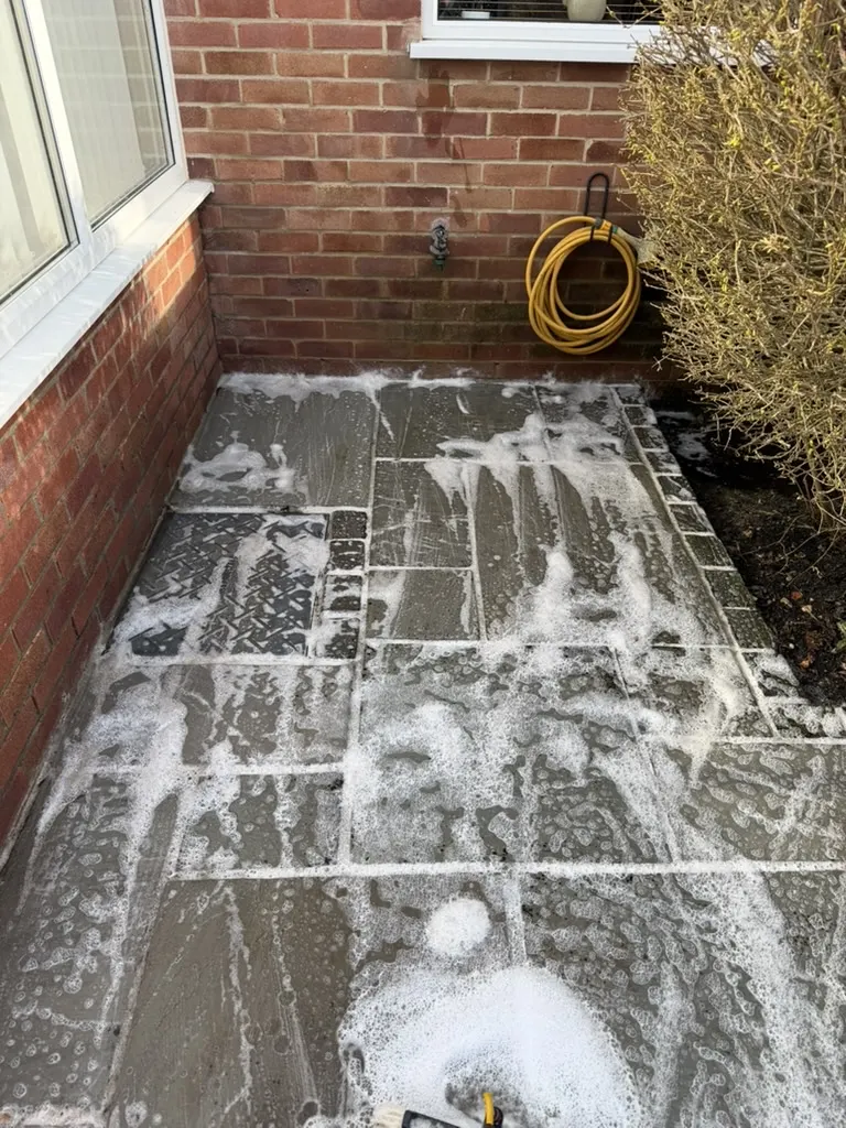 A patio during biocide treatment